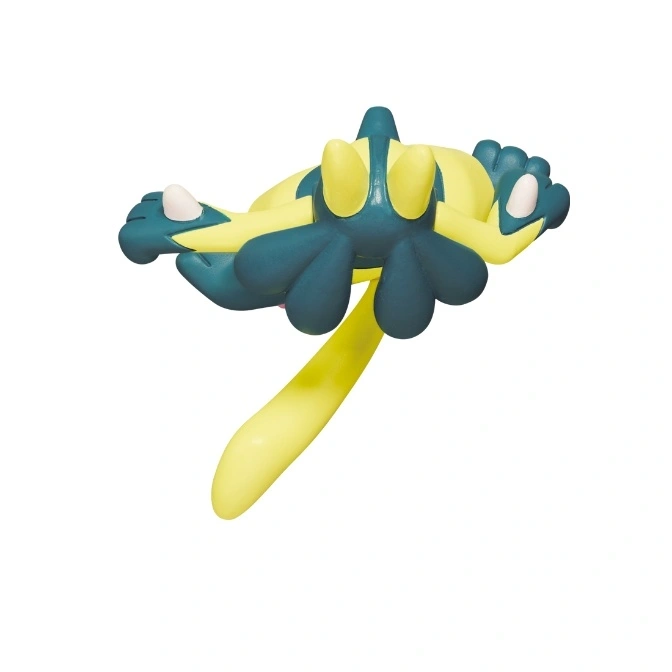  Yellow and teal toy with petal-like appendages and a long tail.