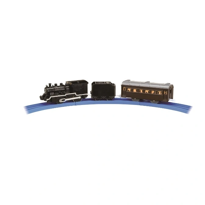  Toy train set with a black steam engine, coal car, and passenger car on a blue track.
