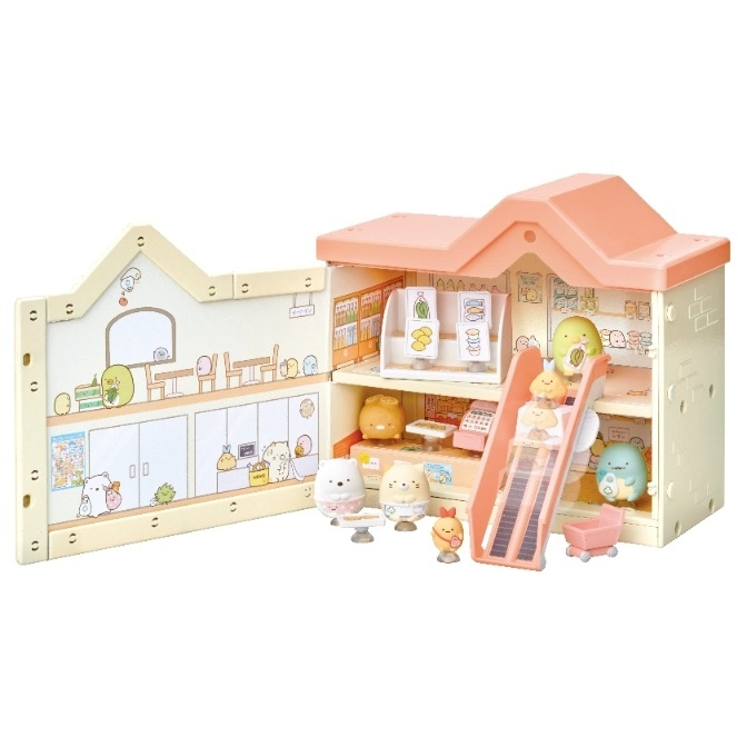 Sumikko Gurashi supermarket playset with figures, escalator, and shopping cart.