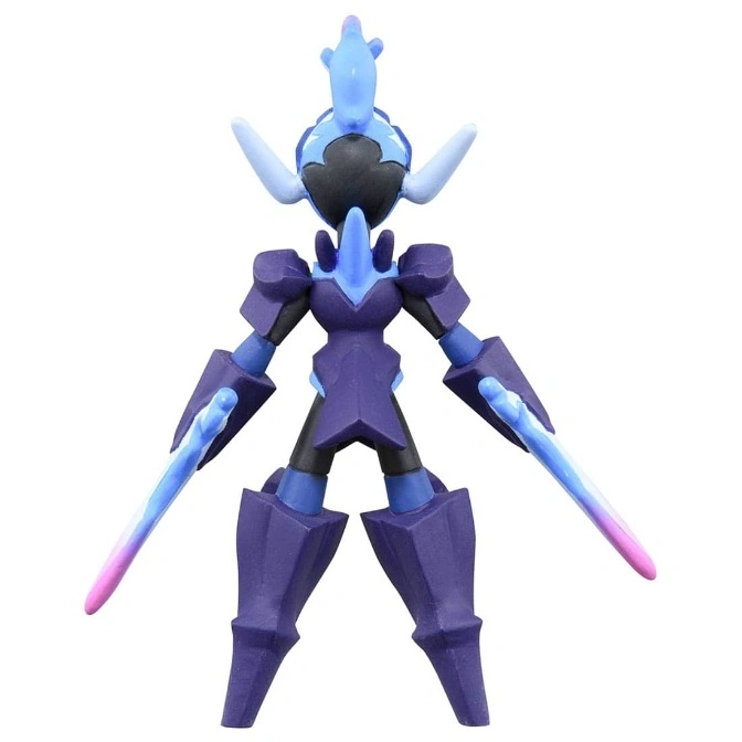  A blue and purple Genesect toy figure with sword-like arms.