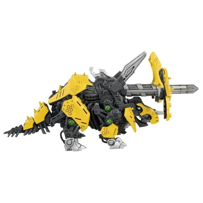  Yellow and gray Zoids toy resembling a mechanical triceratops with a large sword-like tail.
