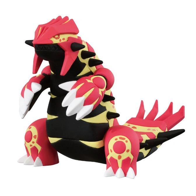 Red and yellow Groudon toy figure with black stripes and white claws.