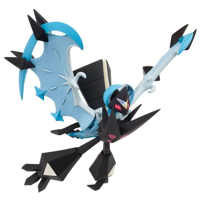 Black and blue Necrozma Dusk Mane Pokémon toy figure with wings outstretched.