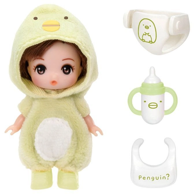 Penguin costume doll with bottle, bib, and diaper accessories.