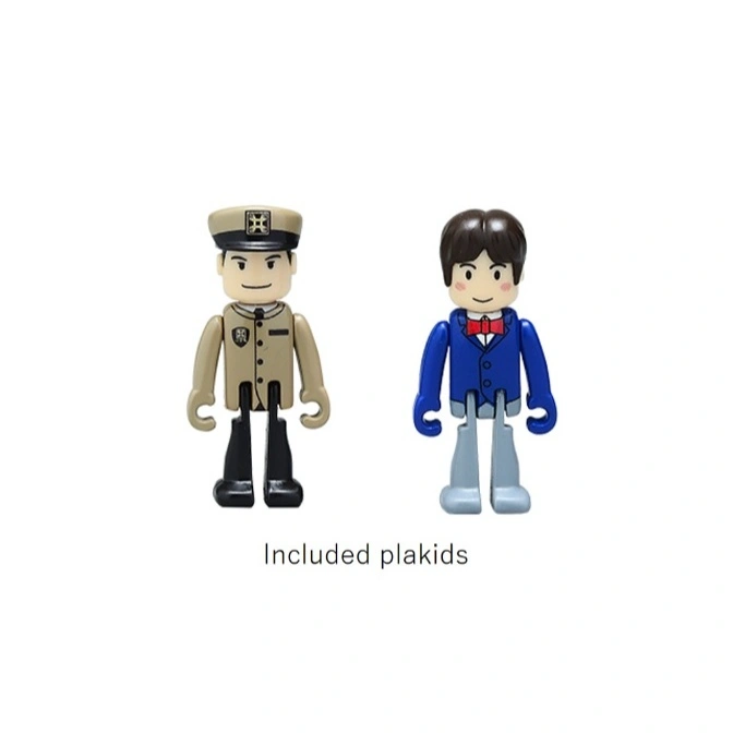  Two blocky toy figures: one in a military uniform, the other in a blue suit with a red bow tie.