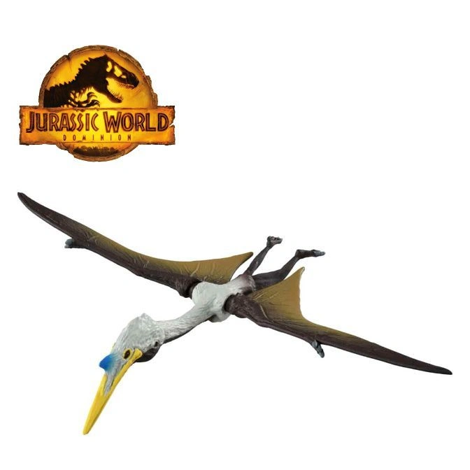 Pteranodon dinosaur toy with outstretched wings, blue beak, and Jurassic World logo.
