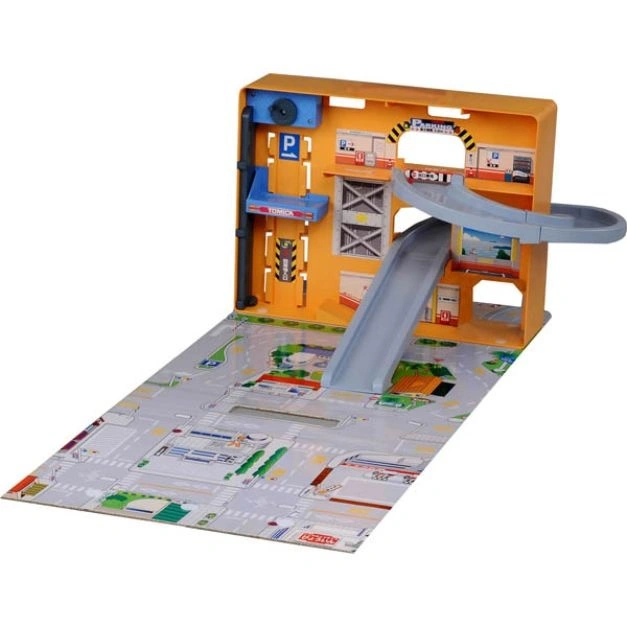  Tomica parking garage playset with ramps and city map, ready for toy car adventures.