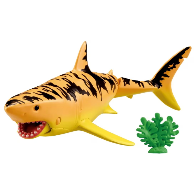 Yellow toy tiger shark with black stripes and green coral.