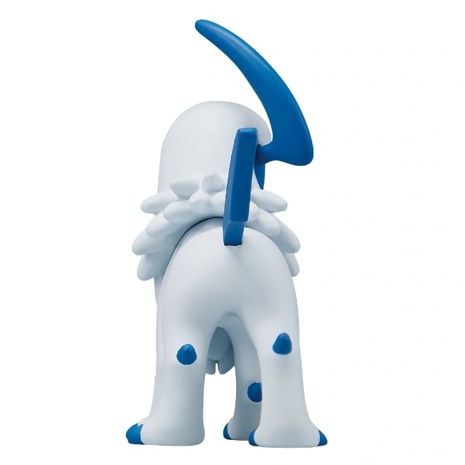  Absol toy figure, rear view. White body with blue accents on horn, tail, feet, and spots.