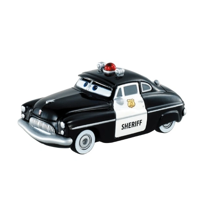 Sheriff, a black and white toy car from Disney's Cars, with a red light on top and 'Sheriff' printed on the side.