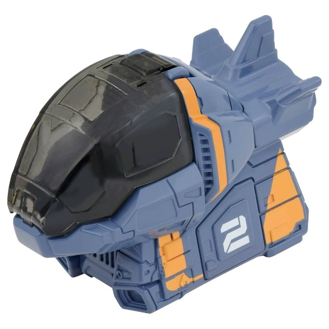  Blue transforming robot toy with orange accents and a black cockpit.