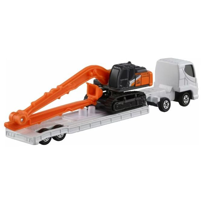  Toy excavator on a flatbed truck, excavator arm raised, ready for pretend construction play.