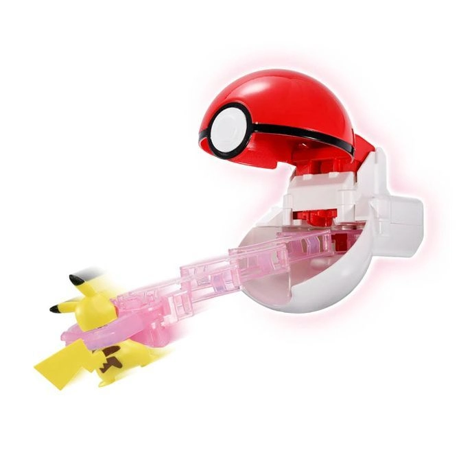  Pikachu toy being launched from a red and white Poké Ball toy.