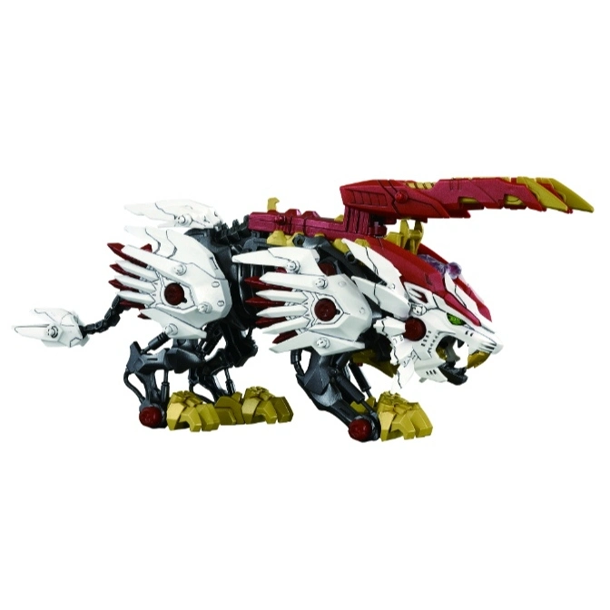  Zoids Liger Zero robot toy with red and white armor, posed in a crouching position.