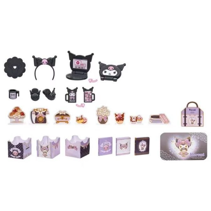  Kuromi miniature toy set with furniture, accessories, and stationery.