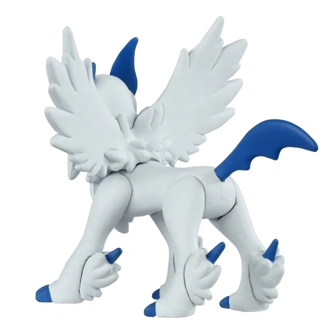 White Absol toy figure with blue accents, wings spread, standing.