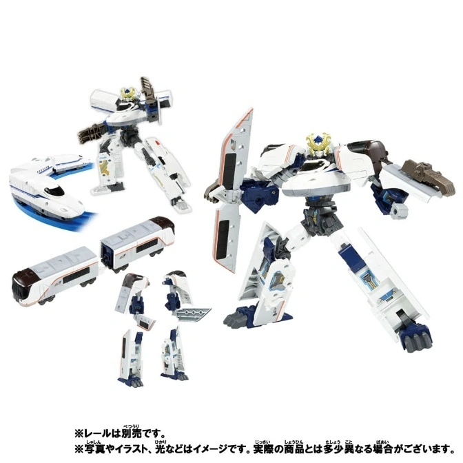  Toy train transforms into a robot. White, blue, and brown color scheme. Parts separate to show transformation.