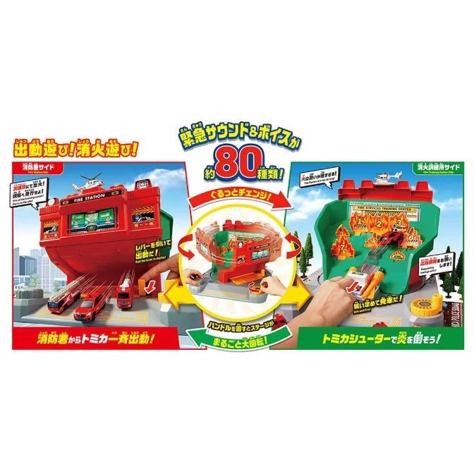  Toy fire station playset with vehicles, rotating stage, and fire training area. Features sounds and shooting action.