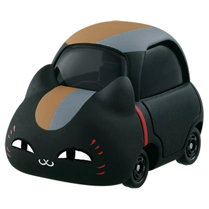 Black cat car toy with brown and gray stripes on top, featuring cartoonish eyes and whiskers.