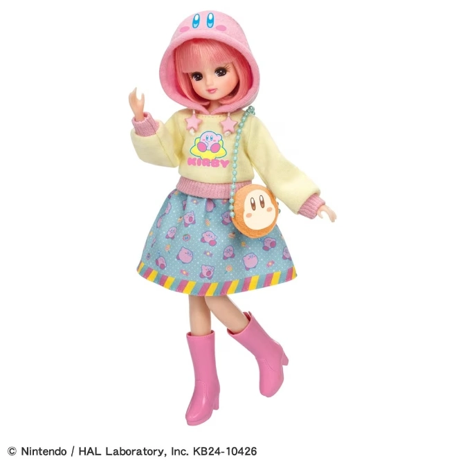 Kirby doll with pink hair, hoodie, skirt, boots, and a Kirby-themed purse.