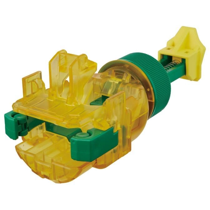  Yellow and green toy claw with a spring-loaded handle.