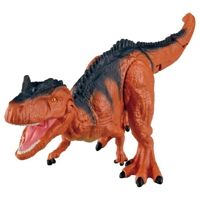  Orange dinosaur toy with black accents, mouth open, standing.
