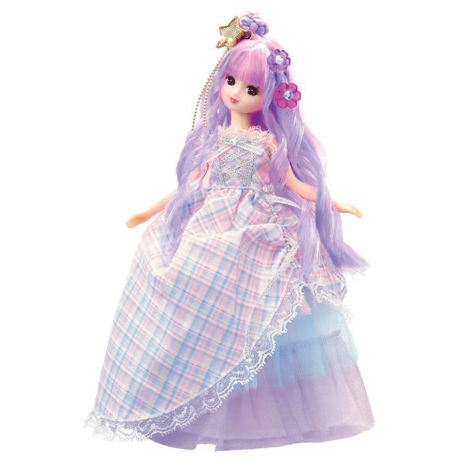  Doll with purple hair, wearing a plaid dress with lace trim and flower accessories.