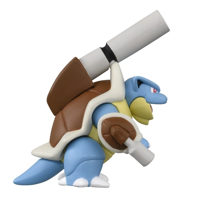  Blastoise toy figure with cannons, blue skin, brown shell, and cream trim.