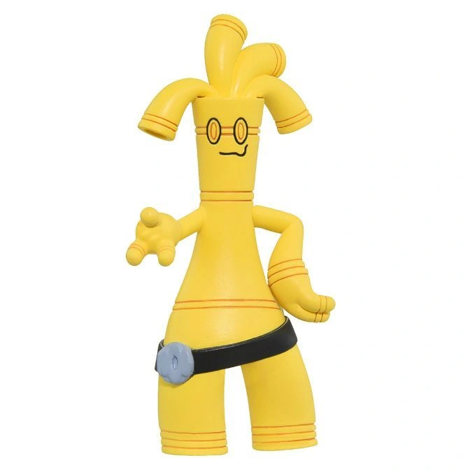 Yellow toy figure with tube-like hair, wearing a black belt with a blue buckle.