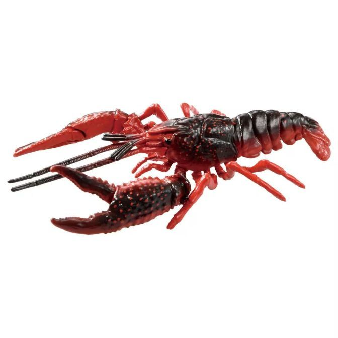  Red and black toy crawfish with detailed texture and realistic features.