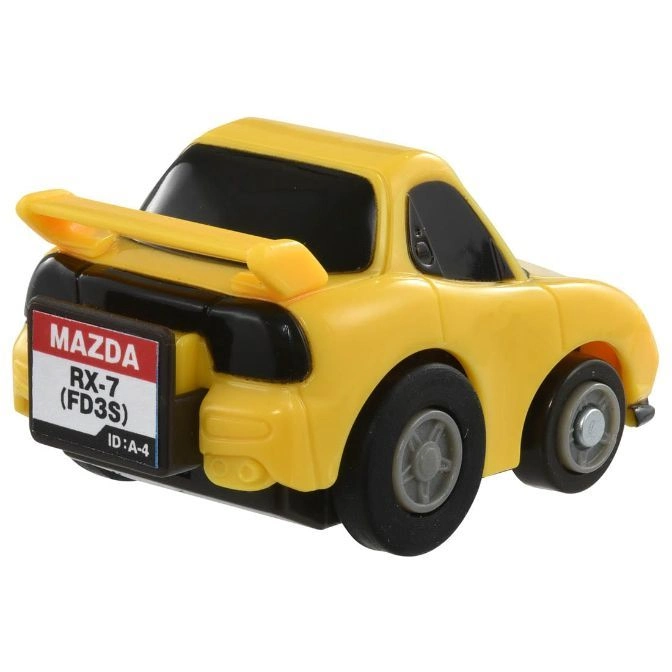  Yellow toy Mazda RX-7 (FD3S) car with spoiler and license plate.