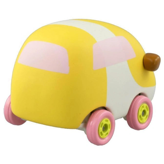  Yellow and white toy car with pink wheels and a brown tail.