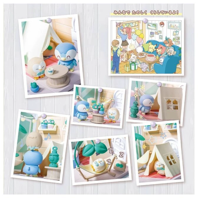  Piplup and Rowlet figurines in various domestic scenes, pinned to a wall.