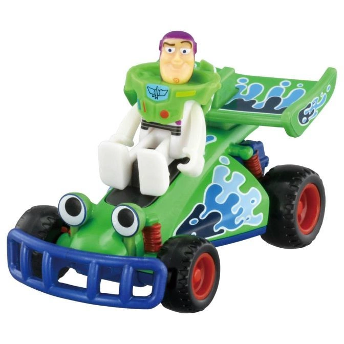 Buzz Lightyear toy car with a green body, blue accents, and a Buzz Lightyear figure driving.