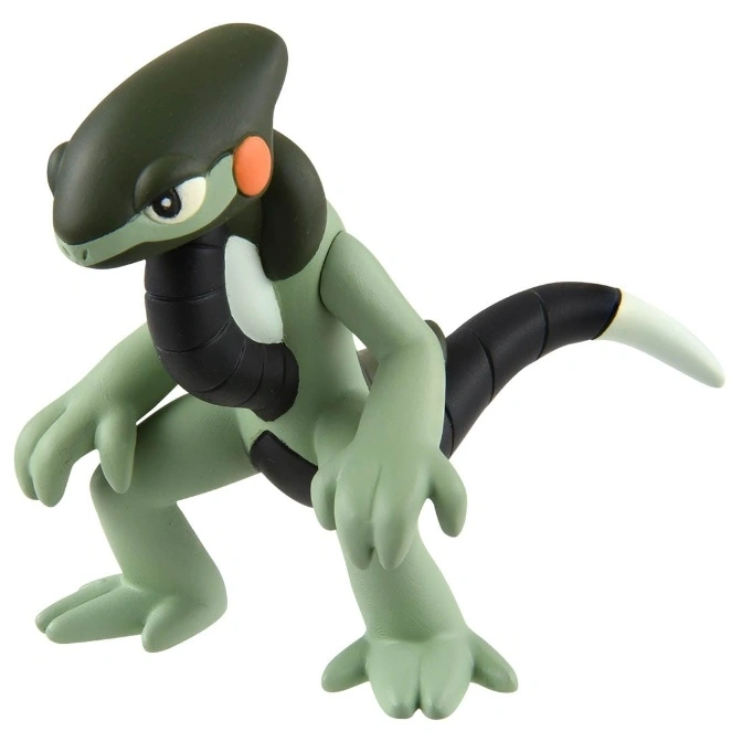 Hakamo-o Pokémon toy figure in a dynamic pose, featuring green skin and a black segmented tail.