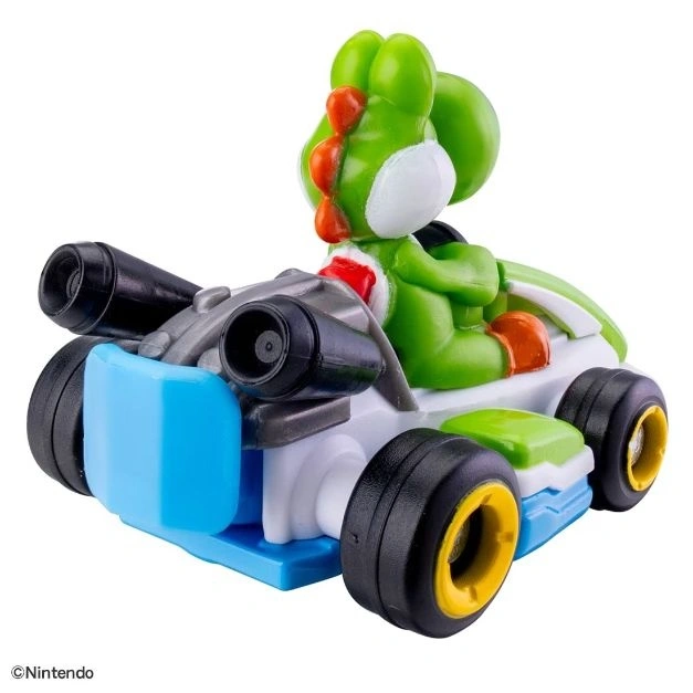  Yoshi in a toy go-kart with blue, white, and green accents and black wheels.