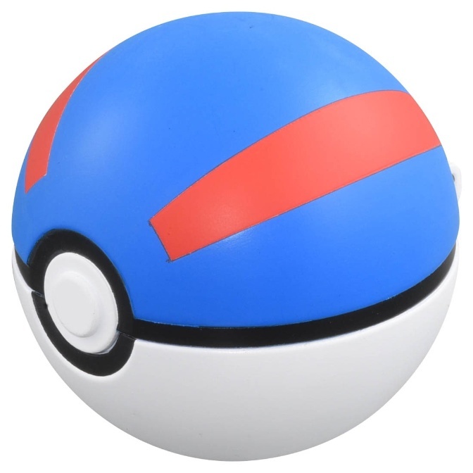 Blue and white Ultra Ball toy with red stripe and black button.