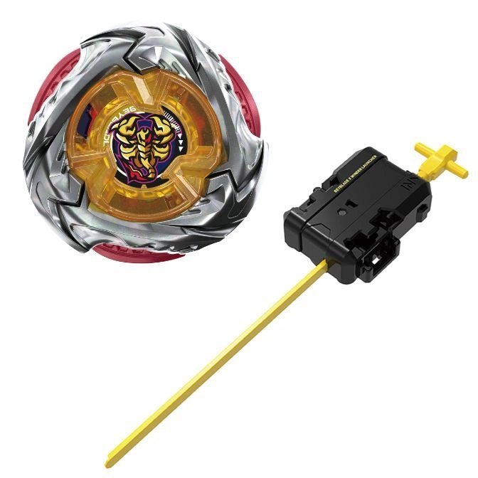  Beyblade toy with launcher. Beyblade is silver, red, and gold with a scorpion design.