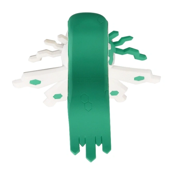  Green and white toy with geometric shapes and protruding arms.
