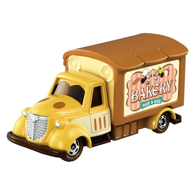 Yellow bakery truck toy with Mickey and Minnie Mouse on the side.