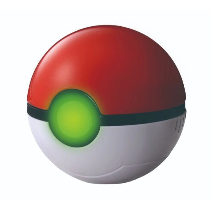 Poké Ball toy with red top, white bottom, black stripe, and glowing green button.