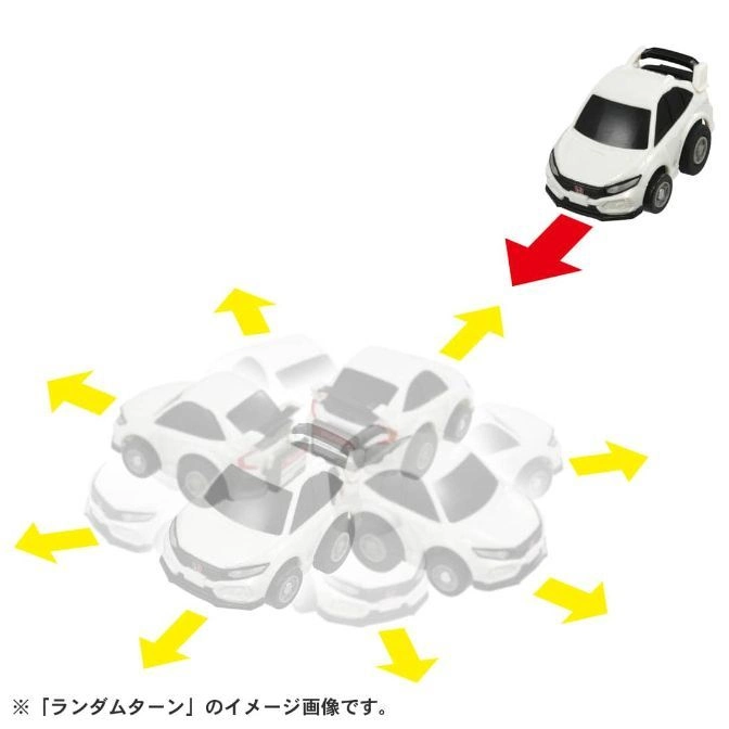  White toy car drifting with directional arrows, demonstrating a sharp turn.