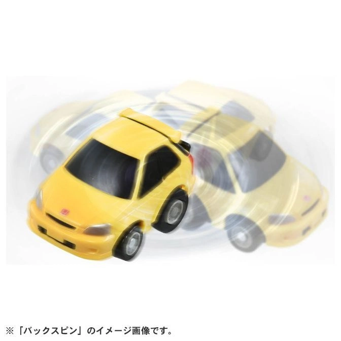  Yellow toy car spinning, with motion blur showing multiple positions.