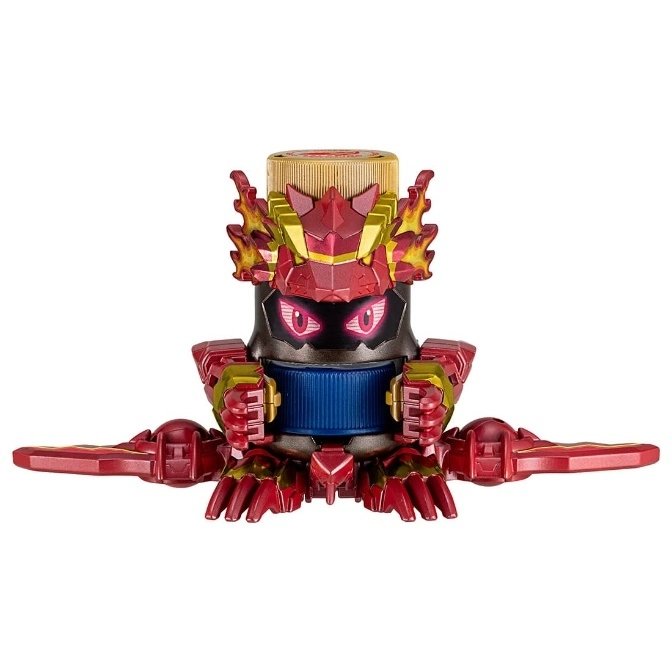 Red and gold dragon-themed bottle cap toy with glowing eyes and wing-like attachments.