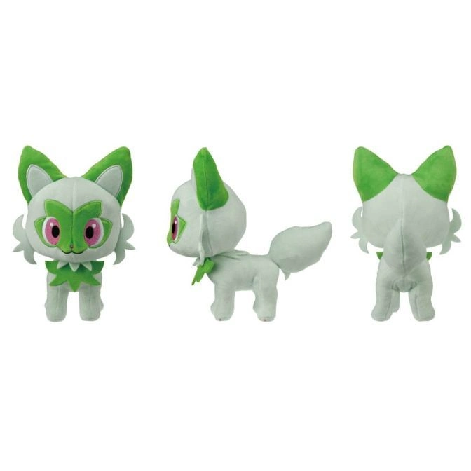  Sprigatito plush toy, front, side, and back views. White with green accents.