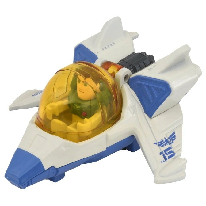 Toy spaceship with Buzz Lightyear figure inside a yellow cockpit. White and blue design with 'XL-15' logo.