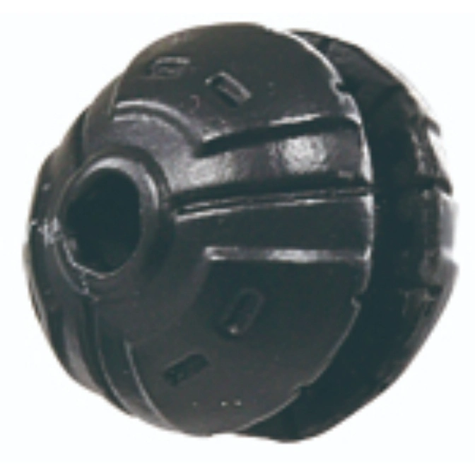  Black rubber dog toy with holes and grooves.