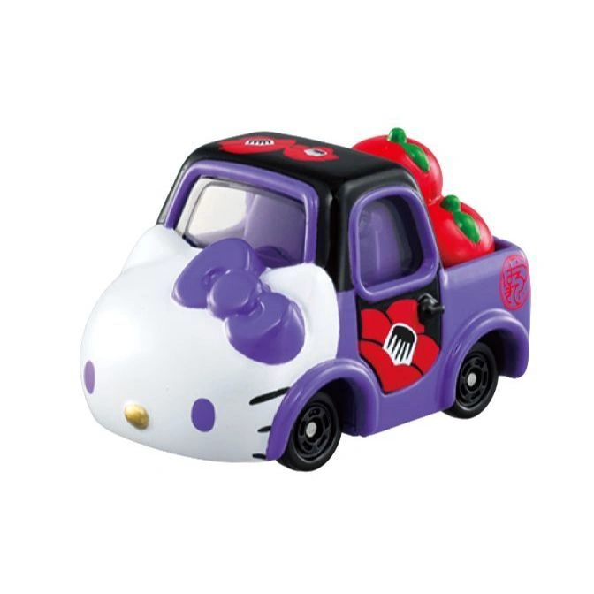 Hello Kitty toy truck with tomatoes in the back, purple and white.