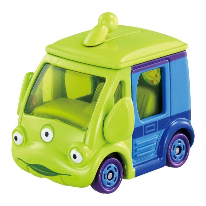 Toy Story Alien van with green front, blue back, and purple wheels.