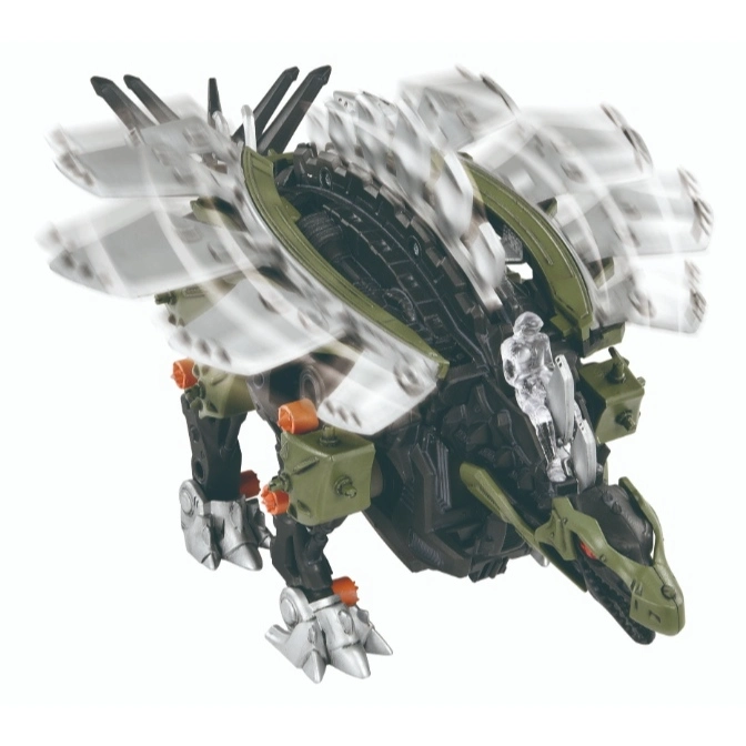  Zoids toy with rotating wings, green and black body, and silver accents.
